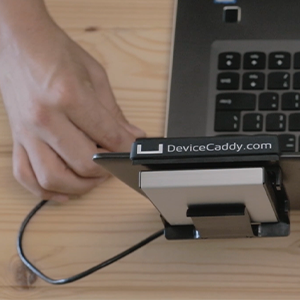 DEvice Caddy hanging from laptop